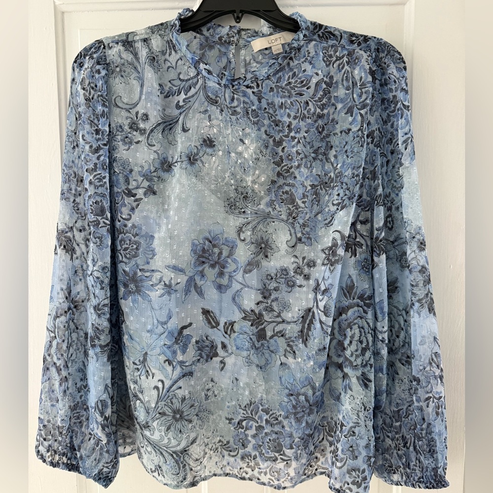 LOFT Light Blue Floral Pattern Whimsical Blouse